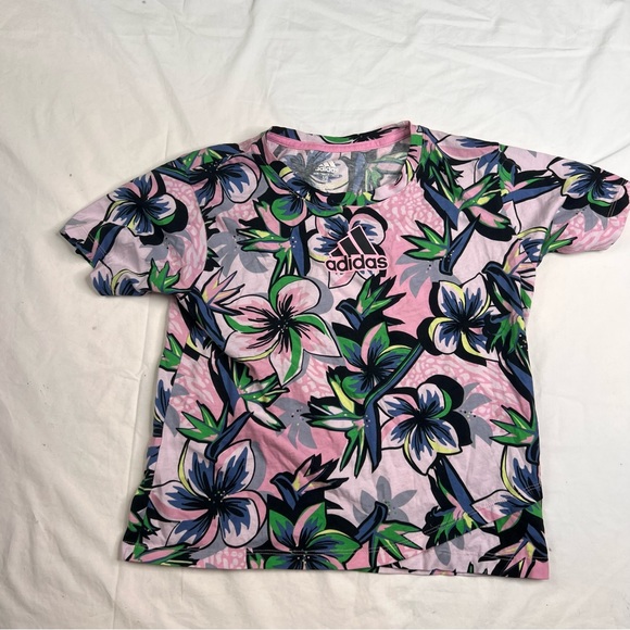 Adidas Girls floral Print Crossover TShirt short sleeve pink Sz Large 14 L021222
